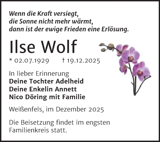 Traueranzeige von Ilse Wolf von Trauerkombi Weißenfels
