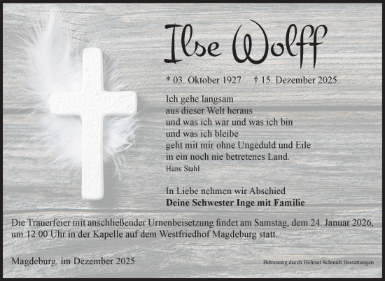 Traueranzeige von Ilse Wolff von Volksstimme Magdeburg