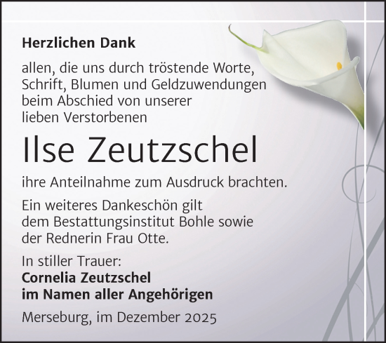 Traueranzeige von Ilse Zeutzschel von Super Sonntag Merseburg/Querfurt