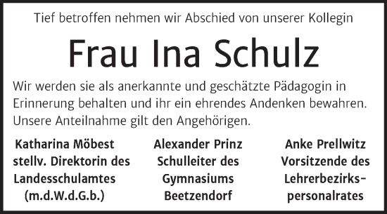 Traueranzeige von Ina Schulz von Volksstimme Altmark West