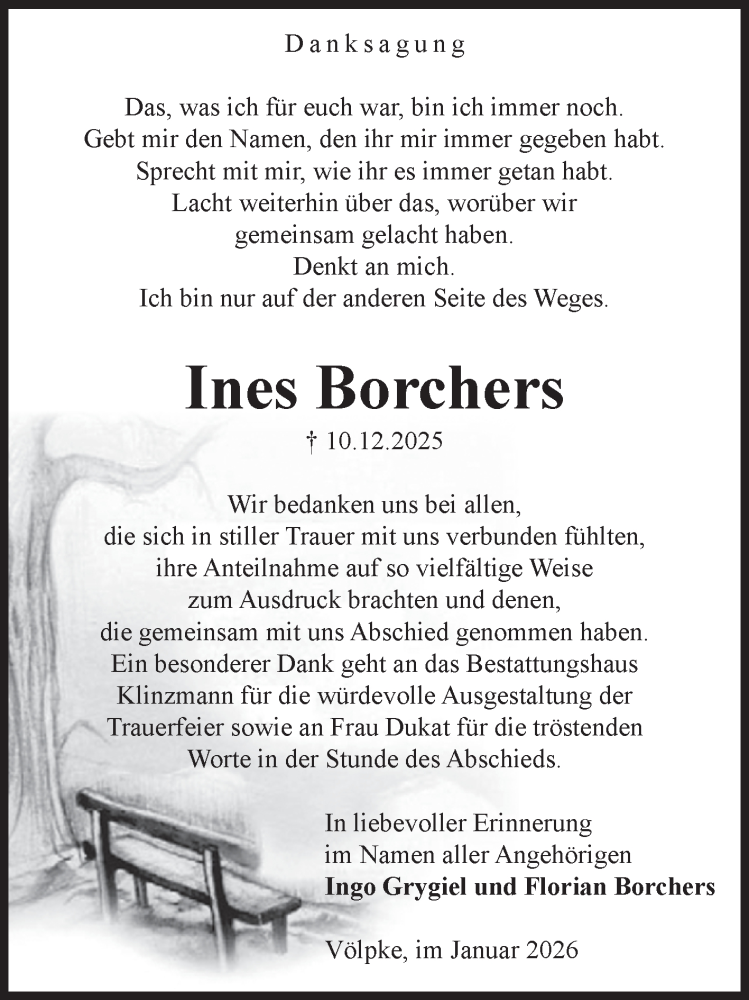  Traueranzeige für Ines Borchers vom 10.01.2026 aus Volksstimme Oschersleben/Wanzleben