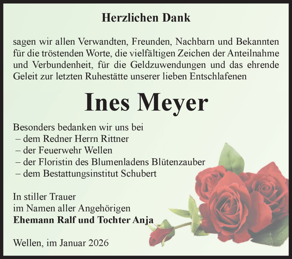  Traueranzeige für Ines Meyer vom 17.01.2026 aus Volksstimme Haldensleben/Wolmirstedt
