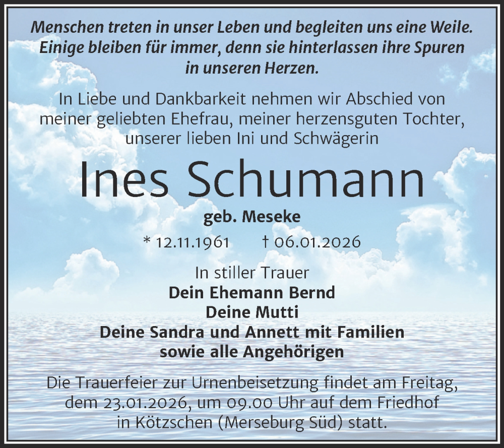  Traueranzeige für Ines Schumann vom 17.01.2026 aus Trauerkombi Merseburg