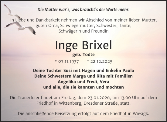 Traueranzeige von Inge Brixel von Trauerkombi Wittenberg