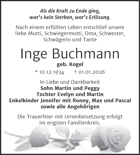 Traueranzeige von Inge Buchmann von Trauerkombi Bernburg