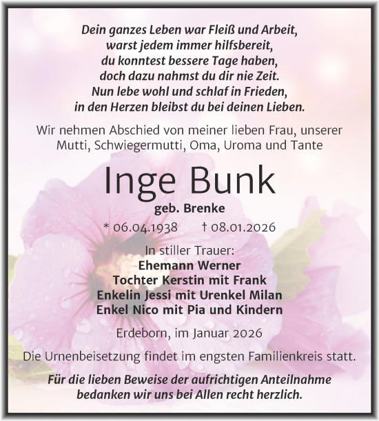 Traueranzeige von Inge Bunk von Trauerkombi Mansfelder Land