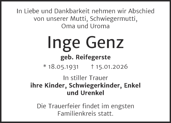 Traueranzeige von Inge Genz von Trauerkombi Bernburg