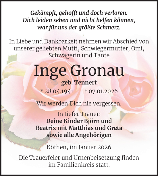 Traueranzeige von Inge Gronau von Trauerkombi Köthen