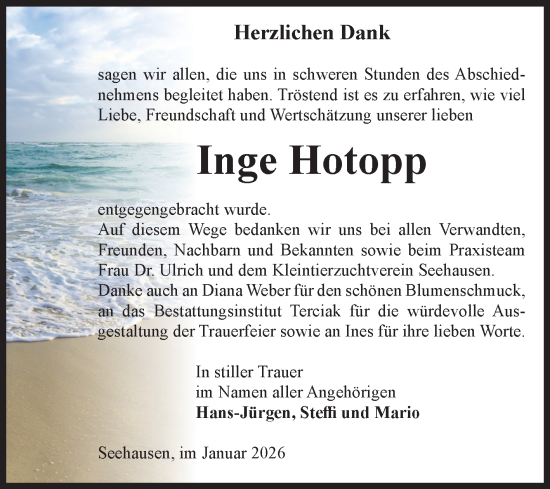Traueranzeige von Inge Hotopp von Volksstimme Oschersleben/Wanzleben