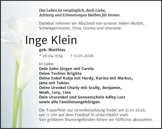 Traueranzeige von Inge Klein von Trauerkombi Mansfelder Land
