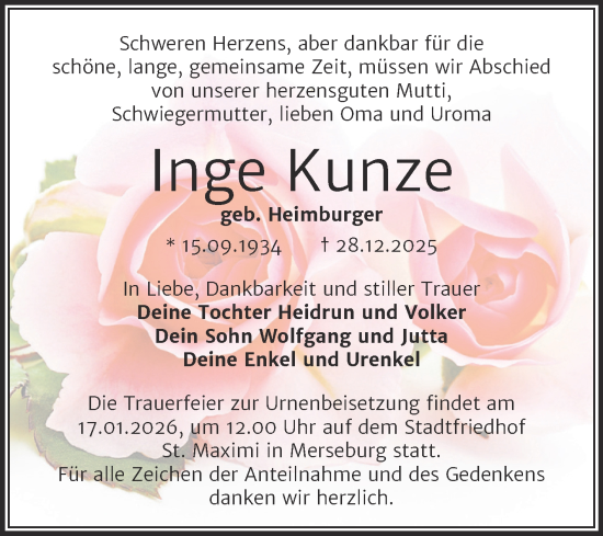 Traueranzeige von Inge Kunze von Trauerkombi Merseburg