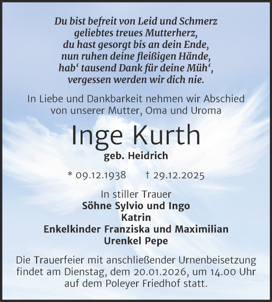 Traueranzeige von Inge Kurth von Trauerkombi Bernburg