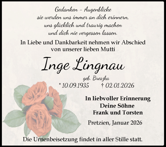 Traueranzeige von Inge Lingnau von Volksstimme Schönebeck