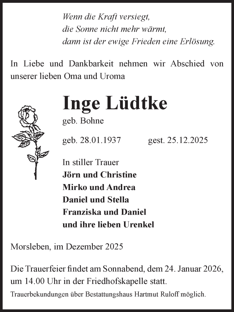  Traueranzeige für Inge Lüdtke vom 03.01.2026 aus Volksstimme Haldensleben/Wolmirstedt