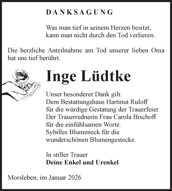 Traueranzeige von Inge Lüdtke von Volksstimme Haldensleben/Wolmirstedt