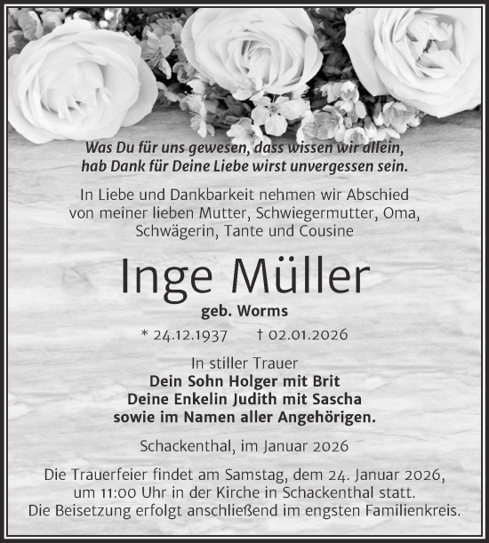 Traueranzeige von Inge Müller von Trauerkombi Aschersleben