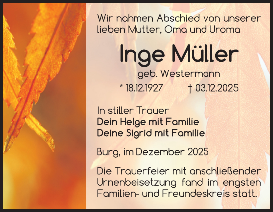 Traueranzeige von Inge Müller von Volksstimme Burg/Genthin