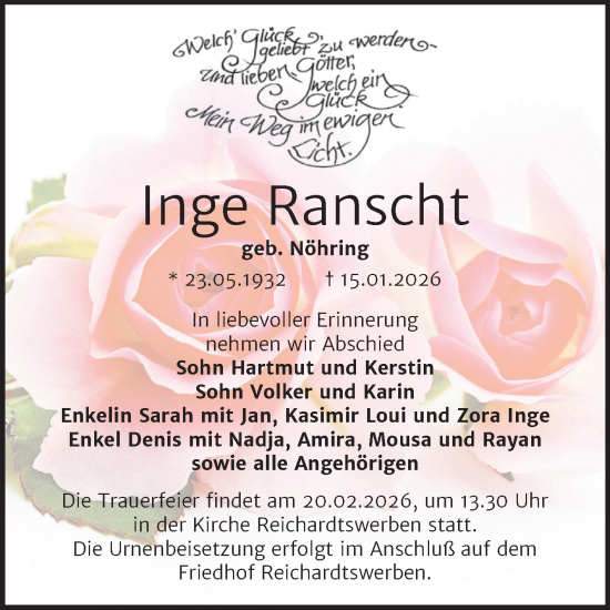 Traueranzeige von Inge Ranscht von Trauerkombi Weißenfels