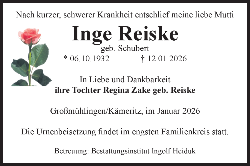  Traueranzeige für Inge Reiske vom 17.01.2026 aus Volksstimme Schönebeck