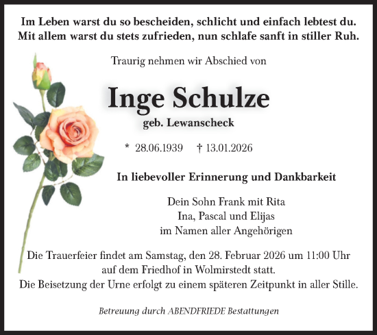 Traueranzeige von Inge Schulze von Volksstimme Haldensleben/Wolmirstedt