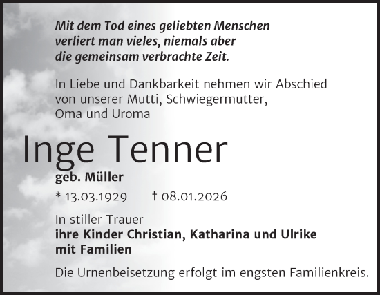 Traueranzeige von Inge Tenner von Trauerkombi Bernburg