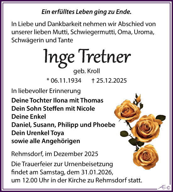 Traueranzeige von Inge Tretner von Trauerkombi Zeitz