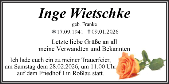 Traueranzeige von Inge Wietschke von Trauerkombi Dessau