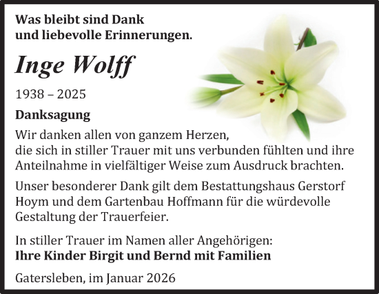 Traueranzeige von Inge Wolff von Trauerkombi Aschersleben