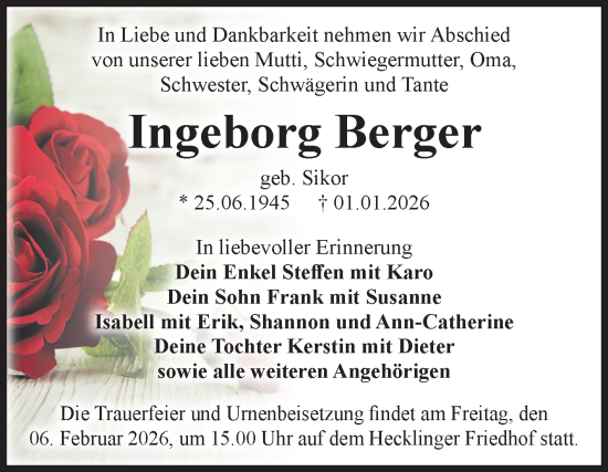 Traueranzeige von Ingeborg Berger 