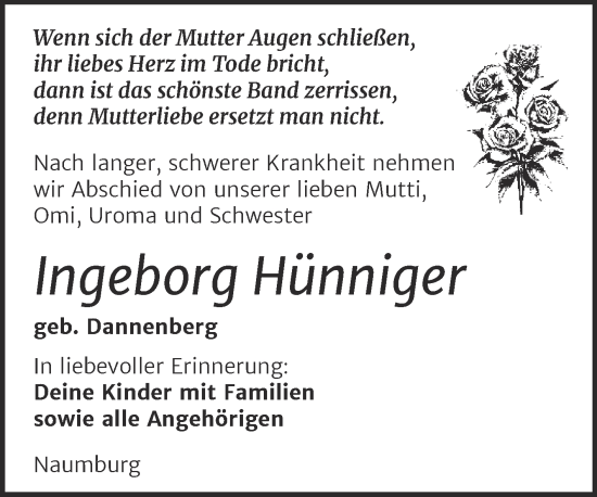 Traueranzeige von Ingeborg Hünniger von Super Sonntag Naumburg/Nebra