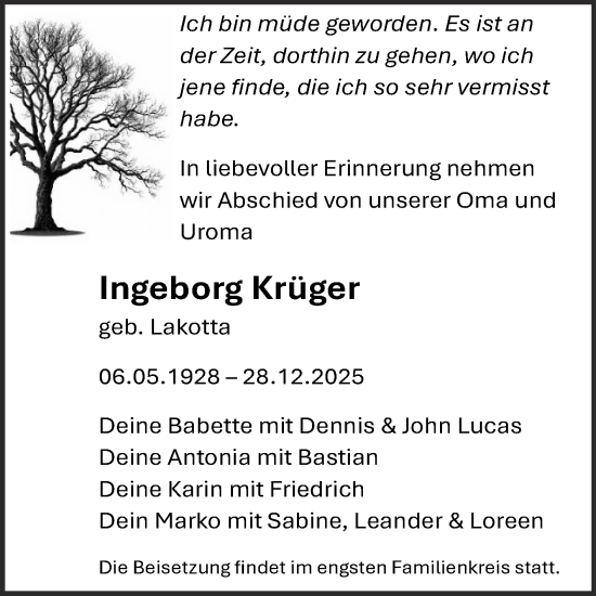 Traueranzeige von Ingeborg Krüger von Trauerkombi Dessau