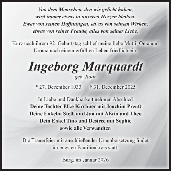 Traueranzeige von Ingeborg Marquardt 