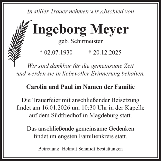 Traueranzeige von Ingeborg Meyer von Volksstimme Magdeburg