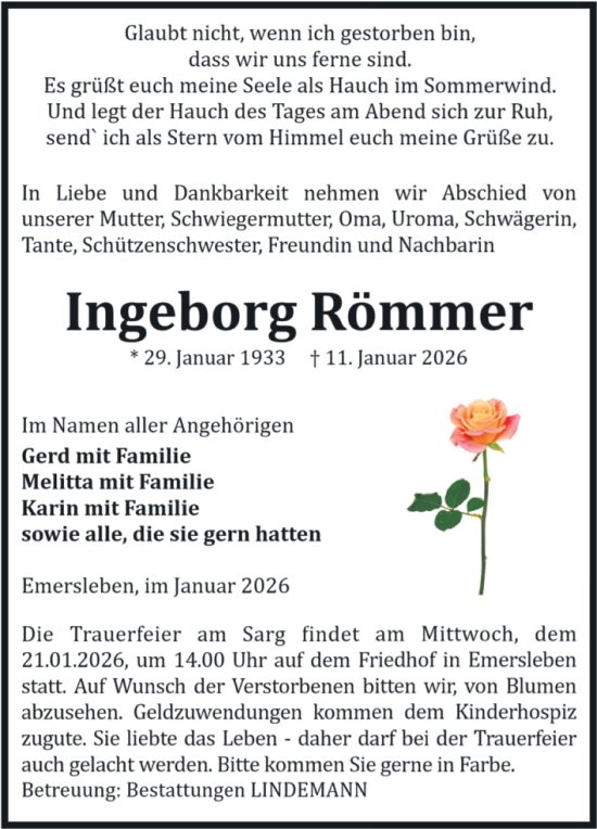 Traueranzeige von Ingeborg Römmer von Volksstimme Halberstadt