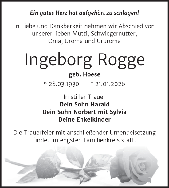 Traueranzeige von Ingeborg Rogge von Trauerkombi Wittenberg