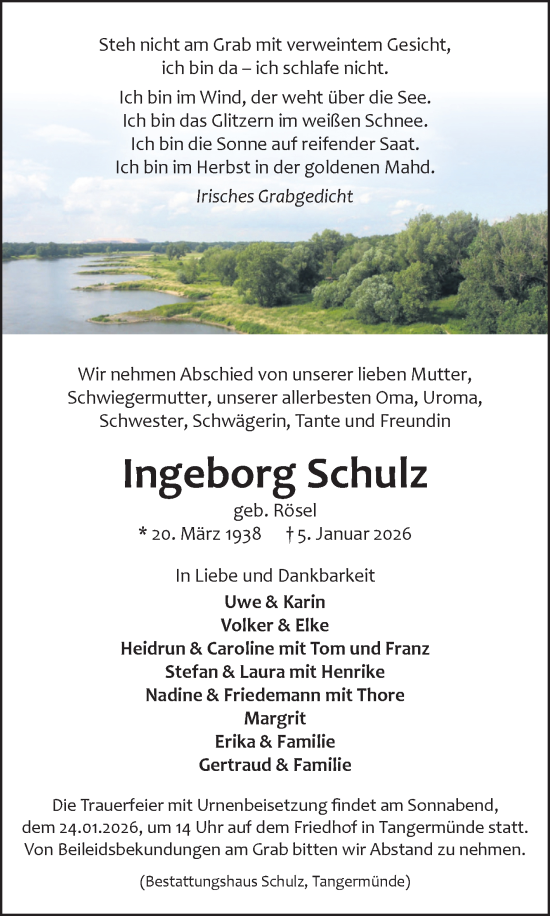 Traueranzeige von Ingeborg Schulz von Volksstimme Altmark Ost