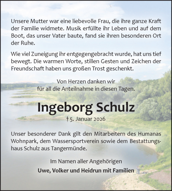 Traueranzeige von Ingeborg Schulz von Volksstimme Altmark Ost
