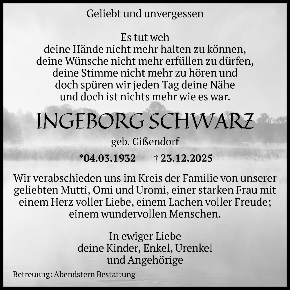  Traueranzeige für Ingeborg Schwarz vom 10.01.2026 aus Volksstimme Altmark Ost
