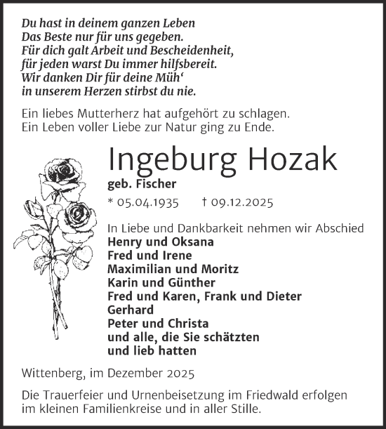 Traueranzeige von Ingeburg Hozak von Trauerkombi Wittenberg