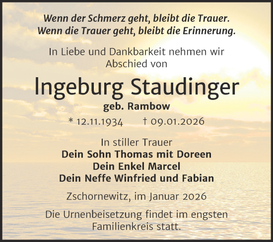 Traueranzeige von Ingeburg Staudinger von Trauerkombi Wittenberg