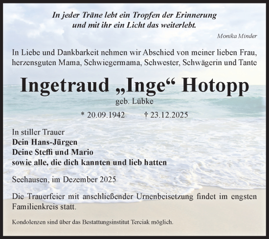 Traueranzeige von Ingetraud Hotopp von Volksstimme Oschersleben/Wanzleben