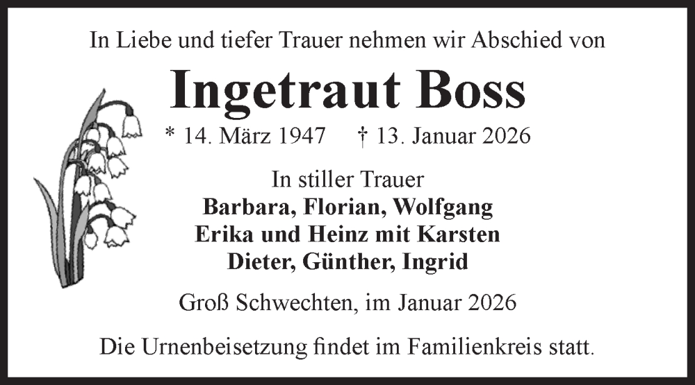  Traueranzeige für Ingetraut Boss vom 24.01.2026 aus Volksstimme Altmark Ost