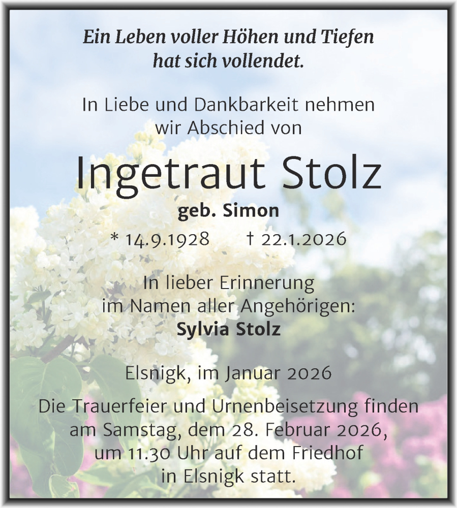 Traueranzeige für Ingetraut Stolz vom 31.01.2026 aus Trauerkombi Köthen