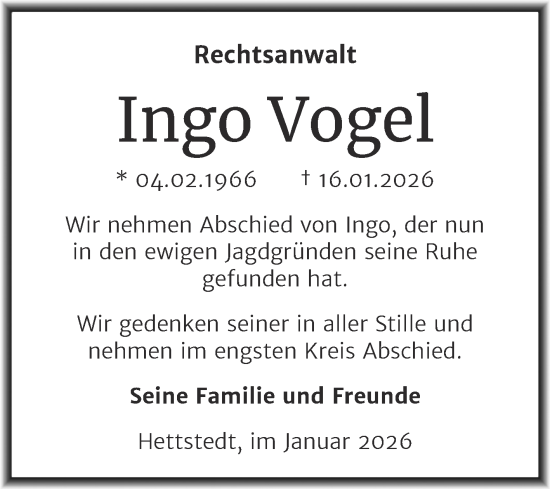 Traueranzeige von Ingo Vogel von Trauerkombi Mansfelder Land