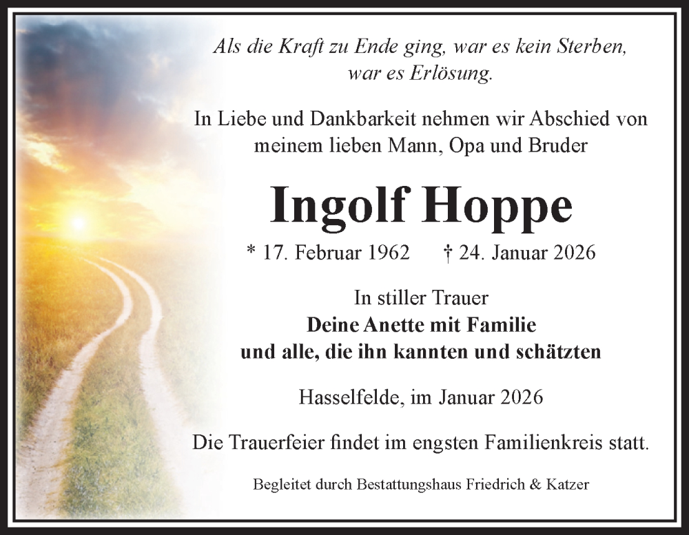  Traueranzeige für Ingolf Hoppe vom 31.01.2026 aus Volksstimme Wernigerode