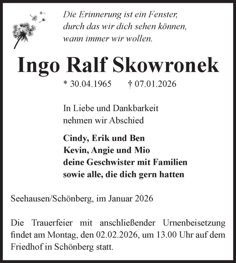  Traueranzeige für Ingo Ralf Skowronek vom 24.01.2026 aus Volksstimme Altmark Ost