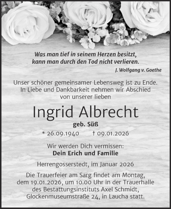 Traueranzeige von Ingrid Albrecht von Naumburger Tageblatt
