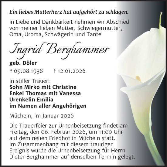 Traueranzeige von Ingrid Berghammer von Trauerkombi Merseburg