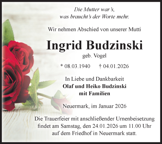 Traueranzeige von Ingrid Budzinski von Volksstimme Altmark Ost