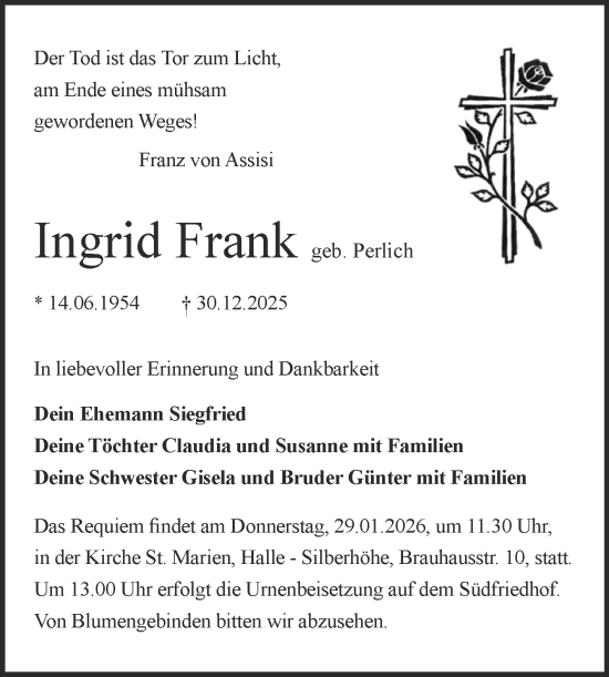 Traueranzeige von Ingrid Frank von Mitteldeutsche Zeitung Halle/Saalkreis